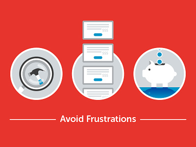 Avoid Frustrations! advertisements avoid frustrations blue and red compare rate fix hammer handy icon magnifying glass piggy bank saving