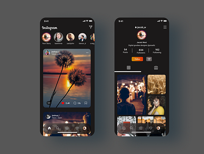 Instagram UI Redesign app design dark mode dark theme dark ui figma figma design instagram redesign social app social media social media design ui ui design uiux ux uxdesign