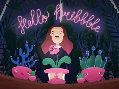 Hello Dribbble! botanical character cute debutshot girl greenhouse hello dribbble illustration magical night plants tropical vector web