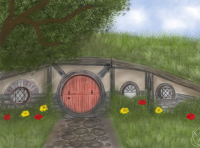 Home Sweet Hobbit Home digital painting digitalart fantasy fantasy art illustration landscape lord of the rings tolkein tolkien watercolor
