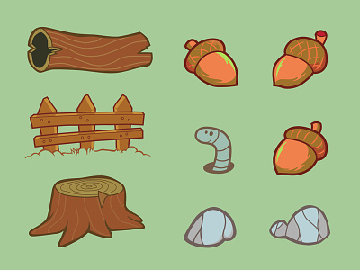 Forest Stuff acorn cartoon fence forest illustration log rock stump vector website elements wood worm