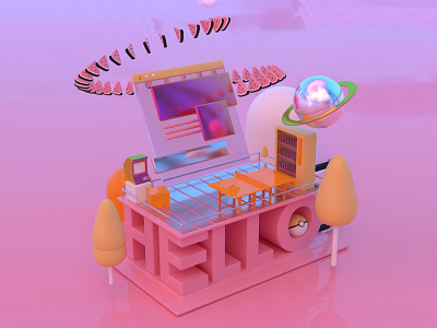 Hello Dribbble! Are you ready? 3d arcade citypop debut shot first shot hello illustration isometric office pokemon watermelon welcome