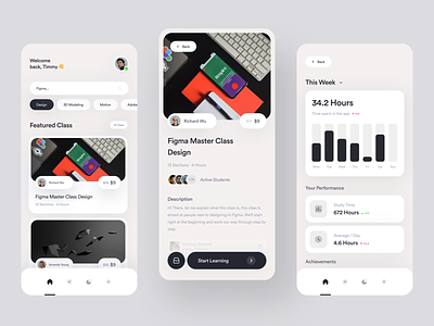 Class In · Online Learning App app class clean course design e-learning education learning learning app minimal minimalist mobile mobile app mobile design modern online course shadow statistic ui ux