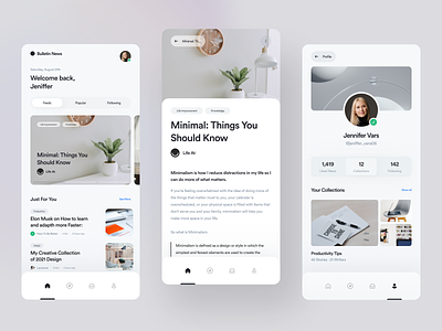 Bulletin News · Articles and News Reading App app articles articles app clean design minimalist mobile mobile app mobile design mobile ui modern news news app newsletter reading reading app ui ui design ux white space
