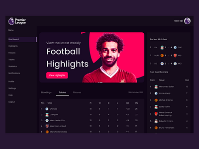 Football league Dashboard dark mode UI dashboard design ui ux