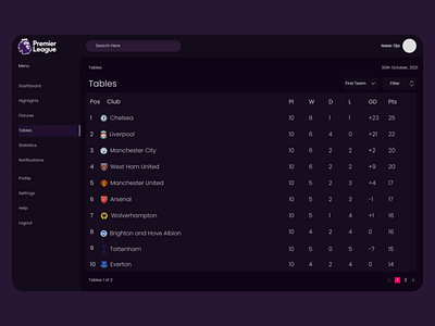 Football league table dark mode UI app design ui ux