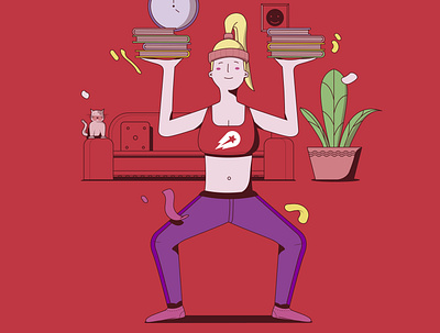 Being fitness during the coronavirus books cat delivery fitness healthy illustration illustrator livingroom plant red vector woman