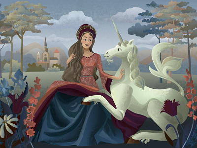 The Dame with the Unicorn. classic classic art fairy fairytales fantasy fantasy art girl illustration lady medieval middleage raphael unicorn vector woman woman illustration
