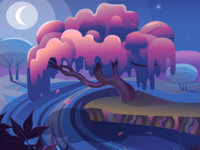 Spring tree blossom illustration island landscape moon moonlight night river tree vector