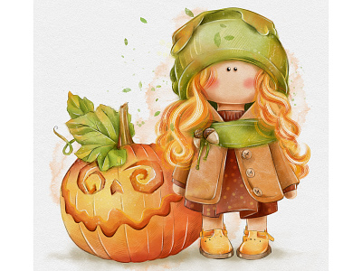 Girl with a pumpkin children childrens illustration clothes digital illustration digitalart illustration watercolor