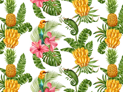 Tropical seamless pattern banana bird branding clothes design digitalart digitalpainting flower illustration leaves lizard pattern pineapple textile tropical