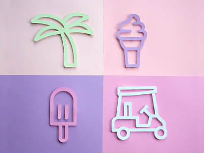 Miami Vibes branding ice cream popsicle palm icon set iconography line work miami paper craft paper icons pink sidecar stroked icons