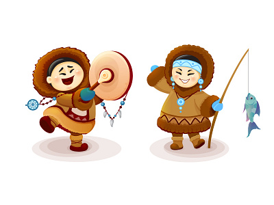 Vector illustration of cheerful Eskimos