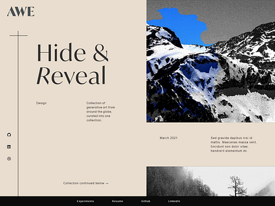 Hide & Reveal - AWE Experiments dithering gallery gsap hover hover effect image gallery image manipulation perlin perlin noise portfolio react responsive shader web design web development website