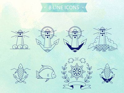 Old Sea Times - 8 Line Icons anchor badge batóry fish icon pack icon set icons light house line old style sea vintage