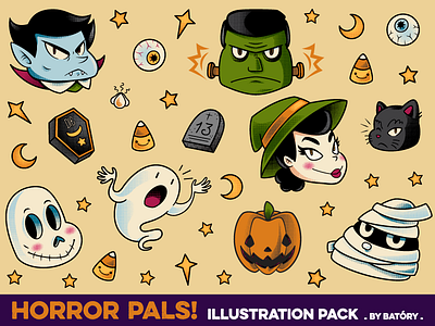 Horror Pals! Illustration Pack black cat corn candy ghost halloween horror mummy pumpkin skull sticker pack traditional tattoo vampire witch