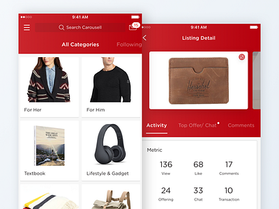 Carousell Redesign activity card carousel ecommerce feed graph home list metric mobile offer shop