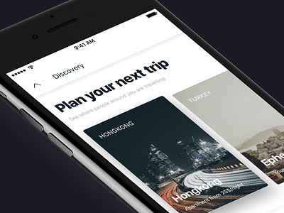 Discovery bold card explore feed home hotel ios panel search simple travel