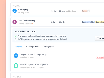 Travel Trip Approval bookings card dashboard feed flat flight hotel itinerary list status tag travel trip web
