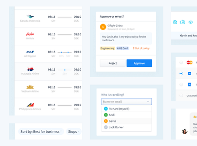 Travel UI Components airline approval button creditcard design dropdown filter flat flight hotel payment radiobutton system tags timeline travel web