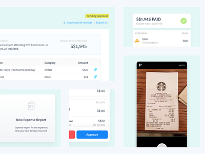 Expenses UI Components android approval attachment card email expenses flat hotel list material number receipt report scan search table tracker transport uber web