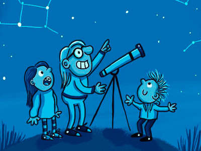 Stargazing astronomy cartoon family illustration kids stargazing starry nights stars