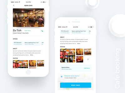 Cafe Booking .sketch app book table card clean detail page flat design hotel booking navigation ui ux