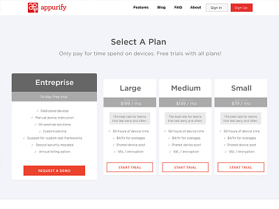 Appurify.com (Pricing Table) appurify flat design pricing table website