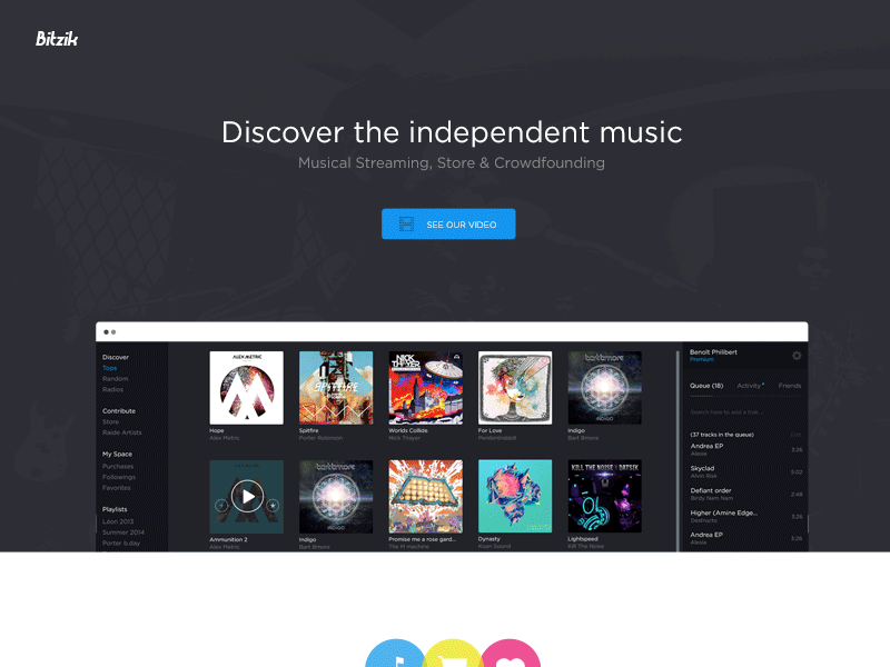 Landing page dark flat landing music player sound web app