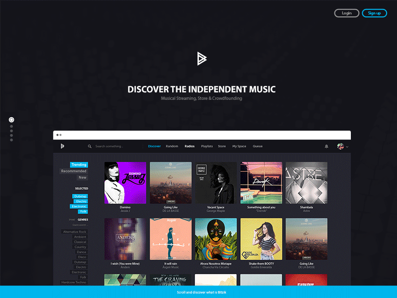 Bitzik - New Landing page (GIF) app bitcoin bitzik dark flat gif landing mobile music playlist