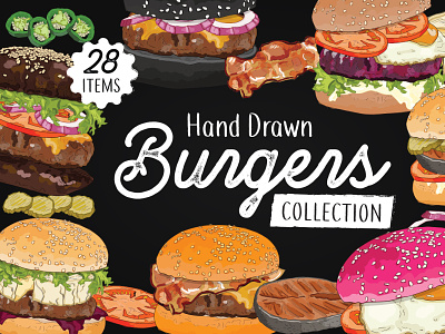 Hand Drawn Burgers illustrations burger burgers collection drawing fast food graphic assets hand drawn illustration meat vegetarian