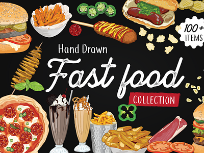 Fast food illustrations cocktails collection drawing fast food fast food menu fries graphic assets hand drawn illustration meat milkshake pizza