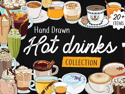 Hand drawn hot drinks illustrations beverage coffee collection drawing drink eggnog graphic assets hand drawn hot chocolate hot drink illustration milkshake moonmilk