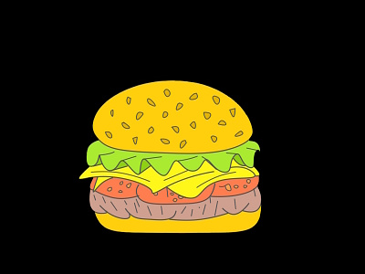 hamburger on black background illustration brown card cheese delivery design food hamburger icon illustration logo meats red tomatoes yellow