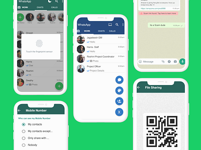 Whatsapp Redesign Ideation app appdesign chat chatapp design fileshare messenger mobileapp office qr scanner qr share scam secure messenger security ui whatsapp whatsapp redesign workmode