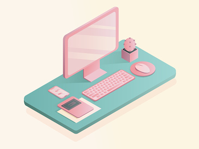 Workplace in isometry computer gradient graphic design illustration isometric computer isometric vector isomtery pink gradient workplace workplace in isometry
