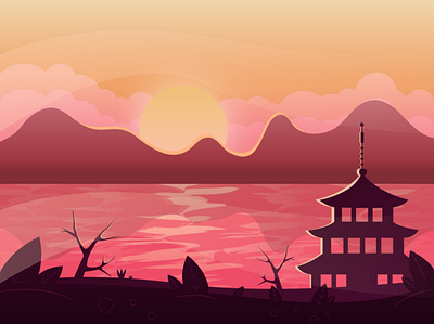 Sunset gradient graphic design illustration japan japan culture landscape pink ladscape sunset vector illustration