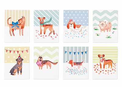 Dog-Themed Hand-Drawn Greeting Cards cards dogs greeting illustration watercolor watercolour