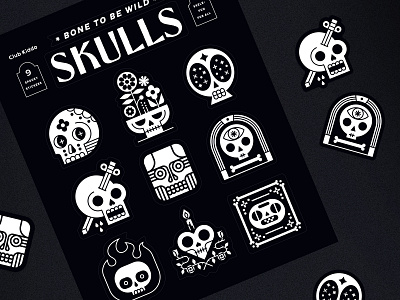 Skulls Sticker Sheet - Club Kiddo club kiddo design halloween illustration kids skull skulls spooky stickers vector