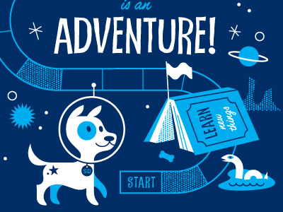 Adventure book dog fun game happy illustration kids planet puppy space stars travel vintage