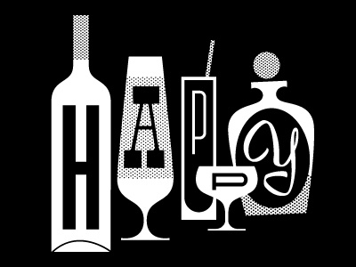 Happy Hour alcohol bottles cocktails drinking drinks glasses happy hour illustration retro vintage wine
