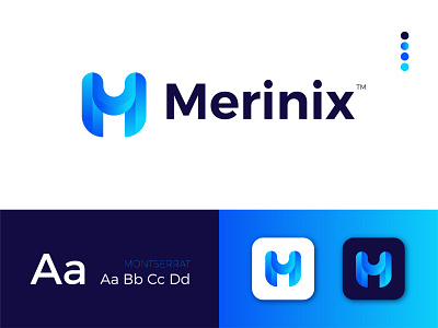 Merinix Modern Logo Design - M + Letter Mark app branding design gradient logo graphic design icon illustrator letter logo letter mark logo logo design logodesign minimal modern modern logo typography ui ux