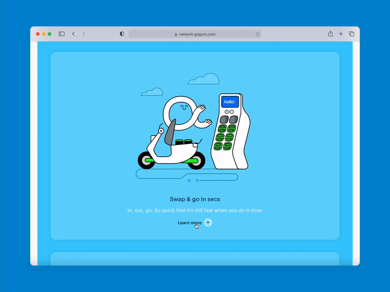 Swap & go in secs animation card flip gogoro illustration scooter vehicle web web design