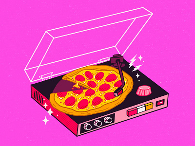 Great Party, Man cheese editorial illustration halftone illustration line illustration music party party hat pepperoni pizza pizza punk record player records retro slime takeout texture turntable vintage