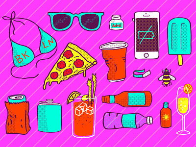 Day Drinking Illustrations bee beer brooklyn drinks editorial illustration halftone illustration line illustration party pizza summer sunglasses