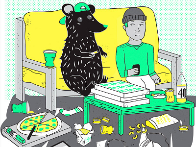 Bad Roommates editorial halftone hipsters illustration line illustration mess party pizza rat slackers takeout trash