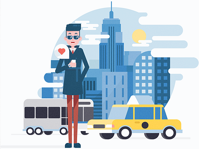 Man in New York City art building bus character empire flat illustration skyscraper style taxi