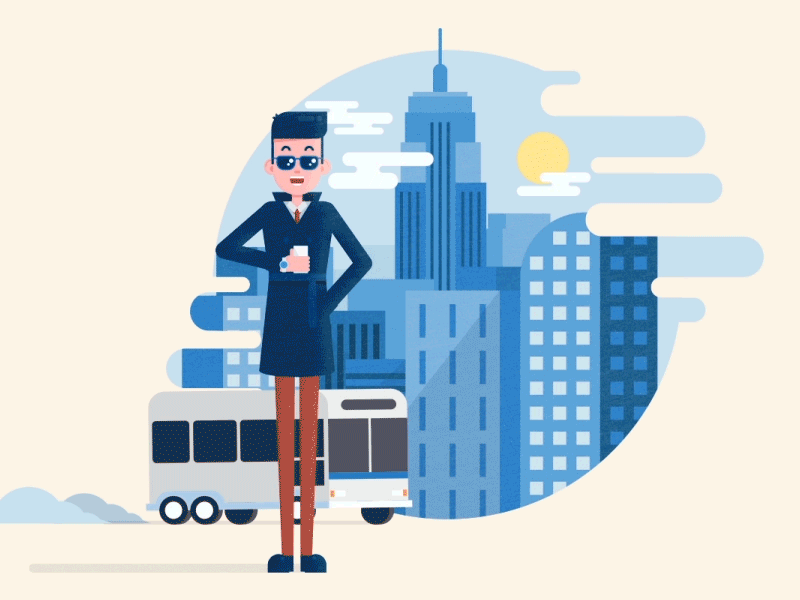 Man in New York City (gif) animation bus character city flat gif illustration newyork nyc taxi