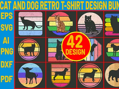 Cat And Dog Retro T-shirt Bundle branding community logo design illustration logo meliodas typography ui ux vector