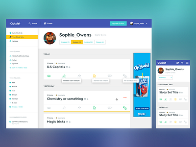 Quizlet Redesign - Profiles dashboard education feed learning profile responsive web